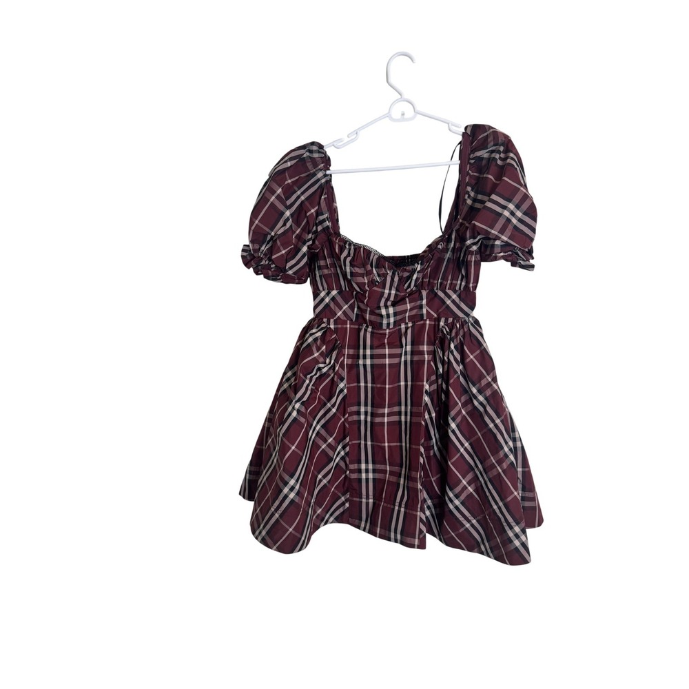 Maeve Dress Womens Small Red Plaid Puff Sleeve Square Neck‎ Mini Fit Flare Party